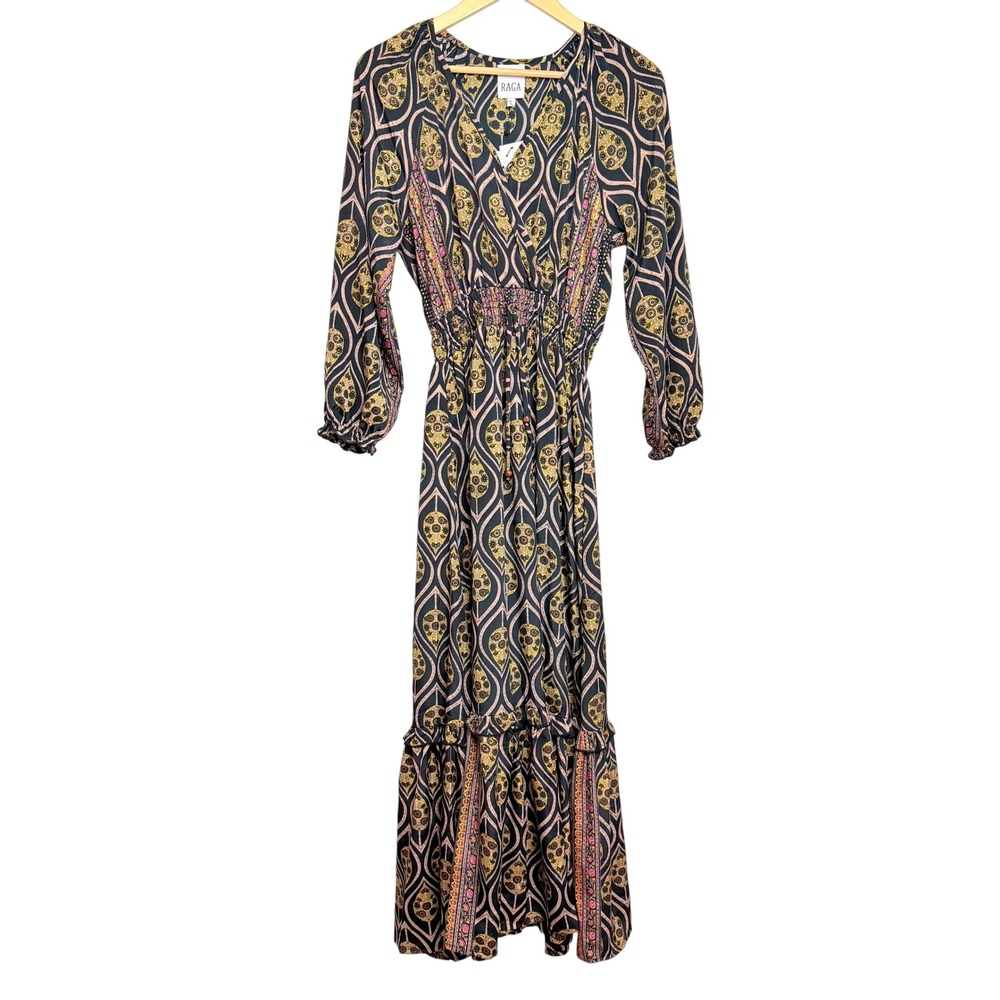 NEW Raga Asmee Maxi Dress Small Black Gold Boho Paisley Smocked V-Neck Long Slv - Picture 2 of 13